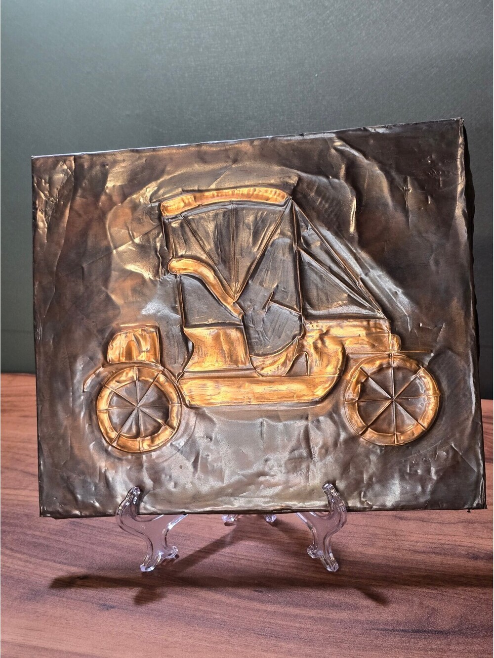 Vintage Handcrafted Copper Relief Wall Art - Antique Car Design